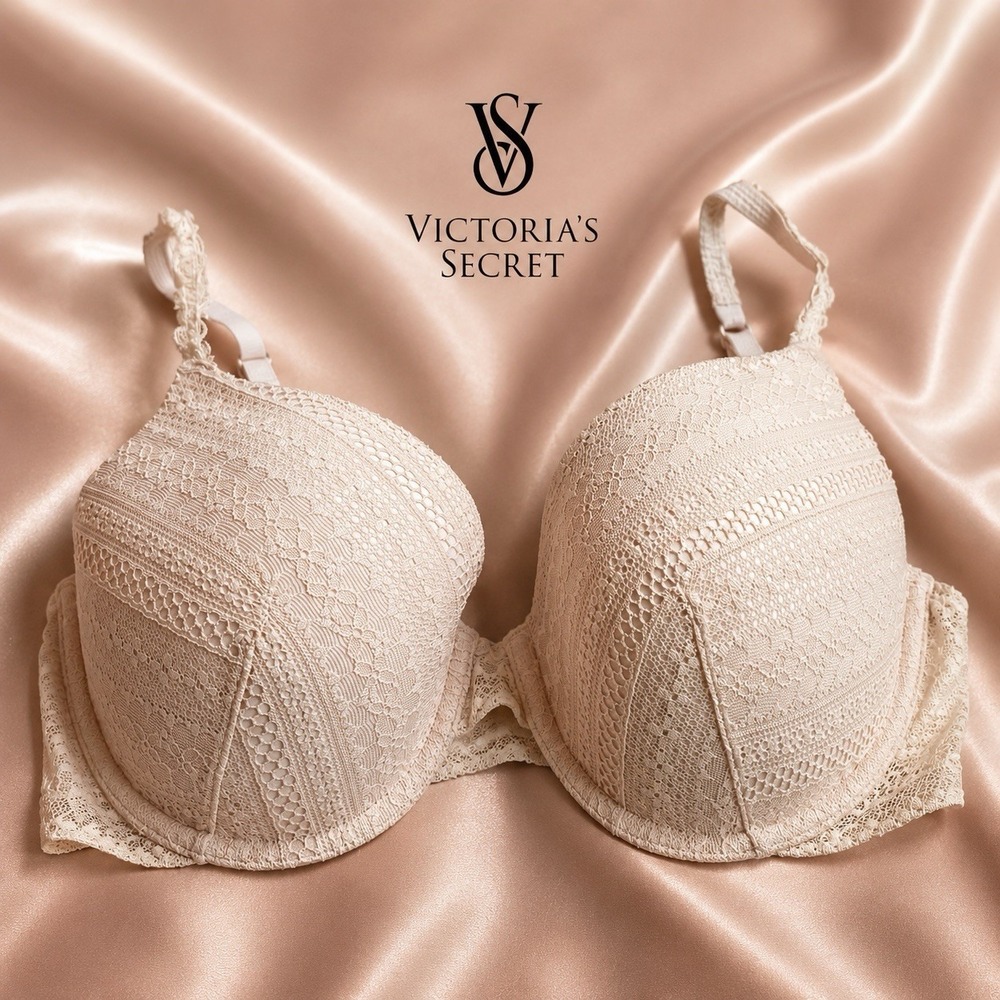 Victoria's Secret Dream AngelsBra-34DD Beige Lace Full Coverage Lined Underwire